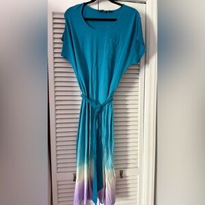 Lands End Ombré Teal Tie-Waist Dress
